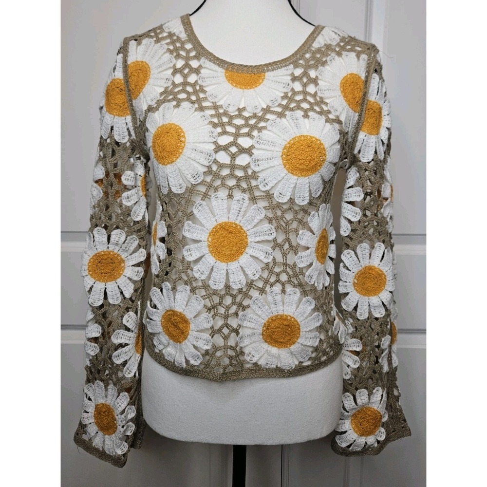 Rebellion Again Crochet Daisy Top Size Small Longsleeve Floral Open Knit